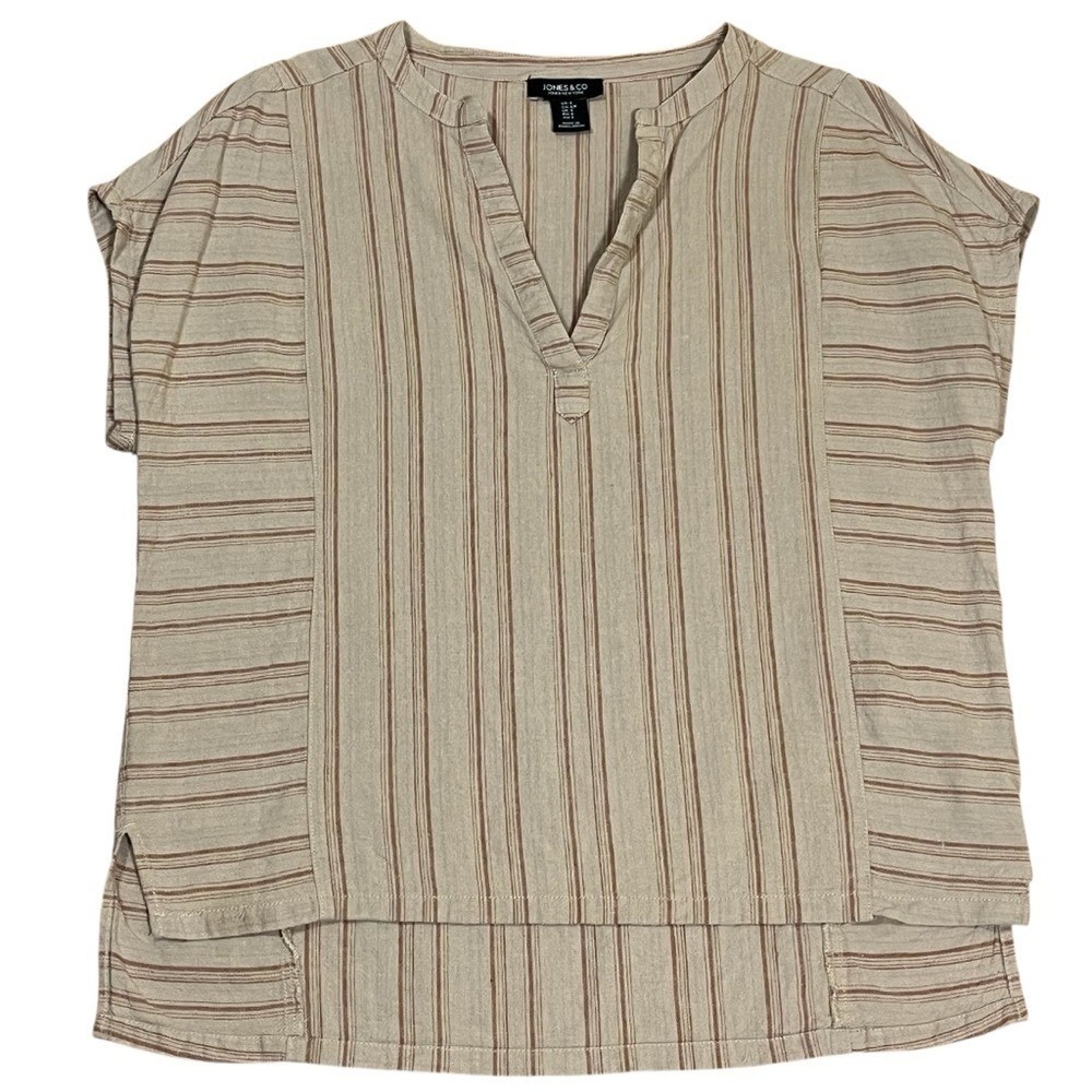 Jones & Co NY Women's Brown Linen Blend Stripe Relaxed Fit Top Sz S Lagenlook